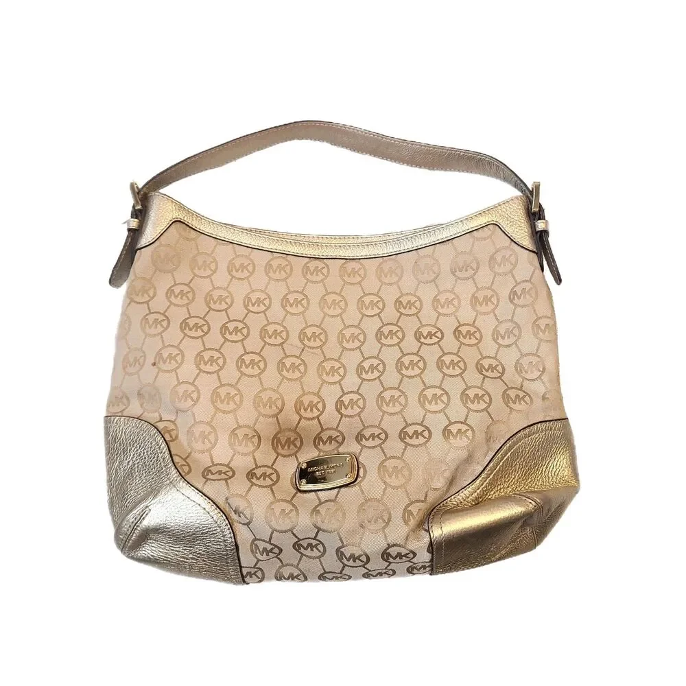 Michael Kors Signature MK Jet Set Khaki Canvas & Gold Leather Shoulder Bag VGUC